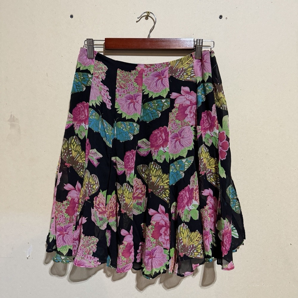 Vintage Y2K Karen Kane 100% Silk Butterfly Floral Skirt Sz 4 Whimsigoth
